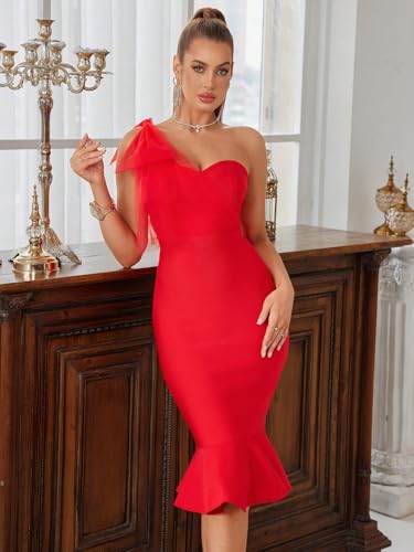 Image of Mesh One Shoulder Bow Midi Dress Fishtail Bandage Cocktail Party Wedding Bridesmaid Evening Gown