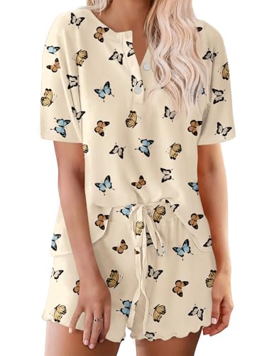 Image of Ekouaer Pajamas Set for Women Short Sleeve Lounge Set 2 Piece Loungewear PJs Soft Cute Lightweight Sleepwear