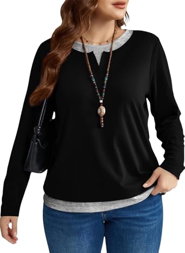 Image of Eytino Women Plus Size Fall Tops Patchwork Shirts(1X-5X) | Casual Crewneck Long Sleeve,Fashion Color Block Basic Tees,Loose Fit Blouse
