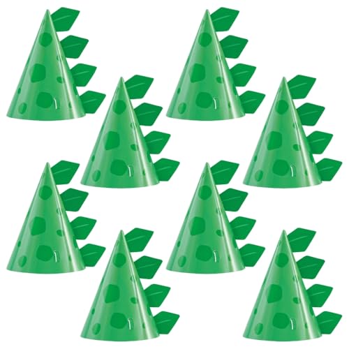 Unique Green Cone-Shaped Dinosaur Cardstock Party Hats (Pack of 8) - Perfect for Kids' Birthdays & Dino-Themed Celebrations