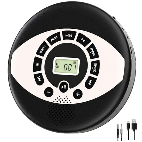 EffiFish Reproductor de CD portátil con batería de 2000 mAh, altavoces duales antideslizantes, salida AUX USB para coche, hogar, viajes, música