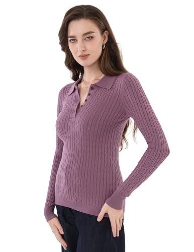 AmélieBoutik Women Cable Knit V Neck Long Sleeve Button Up Polo Shirt3