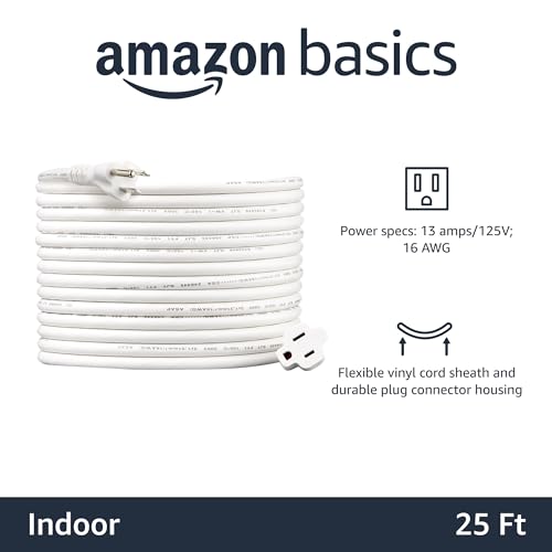 Image of Amazon Basics Extension Cord, 25 Ft, 3 Prong Outlet Extender, Indoor Power Cord, 13 Amps, 125V, White