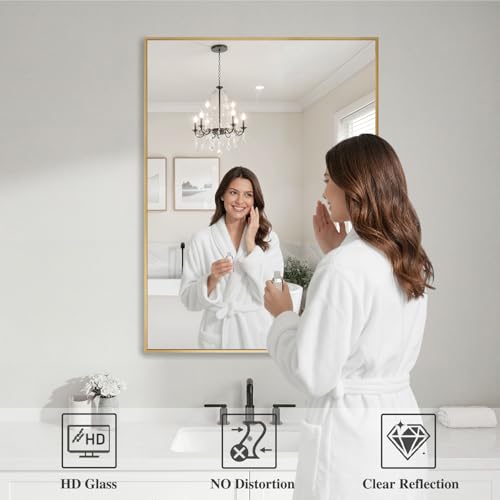 Image of Koonmi Gold Mirrors for Wall, 26x38 Inch Bathroom Mirror, Rectangular Wall Mirror for Living Room Bedroom Bathroom, Hangs Horizontally or Vertically