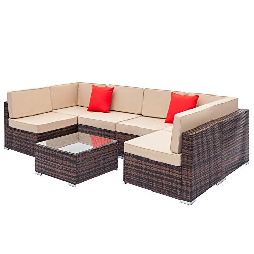 Fully Equipped Weaving Rattan Sofa Set With 2Pcs Corner Sofas & 4Pcs Single Sofas & 1 Pcs Coffee Table Brown Gradient #TOP5