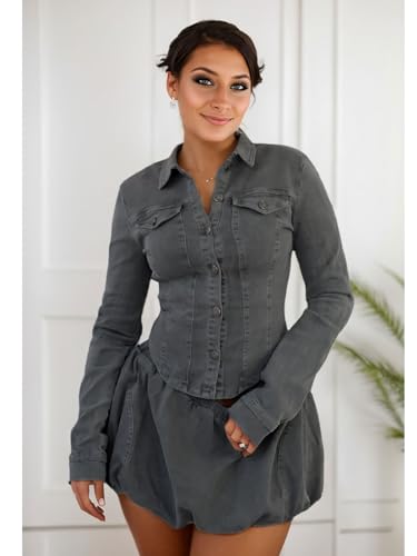 Two Piece Denim Outfits for Women Long Sleeve Button Down Cropped Jacket Bubble Jean Mini Skirt Set3