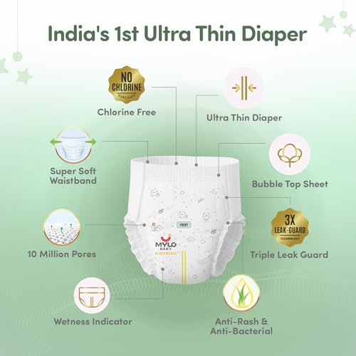 Image of Mylo Baby AirPrime Premium Diaper Pants Small (S) Size (4-8 kgs) (26 Count) Leak Proof | Ultra-Thin & Breathable | Up to 12 Hours Protection | No Rashes
