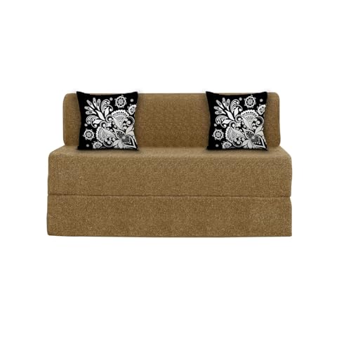 Image of Rosebell Two Seater Sofa Cum Bed | Jute Fabric Washable Cover | with Cushions Perfect for Guest | Golden-Color | 4' X 6' Feet