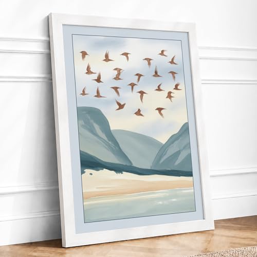 Image of Birds Over Mountains Minimalist Framed Wall Art Print A3 White Frame