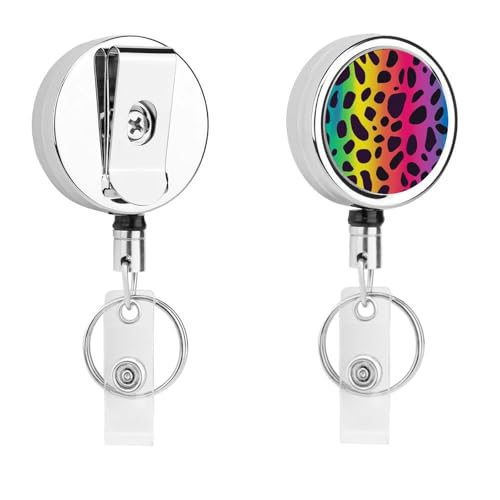 Rainbow Leopard Print Retractable Badge Holder Metal ID Name Holder Key Ring with Belt Clip
