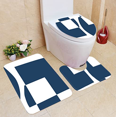 3 Teilig Badematte Set Blaue Geometrie 3D Badematten Set rutschfest, Badezimmerteppich,U-förmiger WC-Vorleger,WC…
