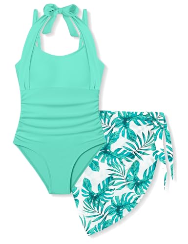 Image of Girls Swimsuit Set - Halter Neck One Piece Bathing Suit with Tropical Cover Up Skirt Swimwear for Kids 7-18Y