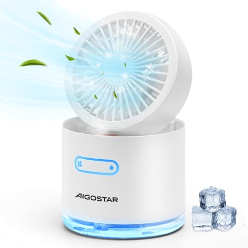 Aigostar Windgift - Rafraîchisseurs d'air par évaporation de 300ml, Climatiseurs Portables, Ventilateur Brumisateur Portable. Veilleuse 7 Couleurs. 3 Vitesses. Pliable, Silencieux. Blanc