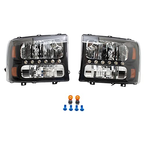 Image of TRQ 2 Piece Headlight Assembly Set Performance LED Daytime Running Lights Black Bezel Driver & Passenger Side Compatible with Ford Excursion 2000-2004 F250 F350 1999-2004 F450 F550 1999-2003