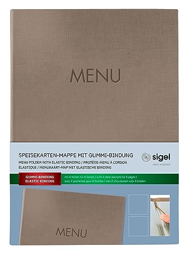 Sigel Sm210 Portamenù Con Cordino Elastico E 2 Tasche Trasparenti Per 8 Fogli Din A4, Con Stampa Del Menù, Beige Scuro, 1 Pezzo