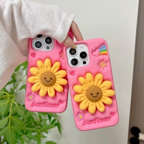 Image of COVERLY for iPhone 14 Plus 3D Cartoon Sunflower Floral Case,Full Protective Happy Smiley Face Rainbow Pop Back Case with Holder Cute Soft Silicone Fashion Aesthetic Cover for Apple iPhone 14 Plus
