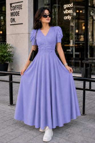 Image of Preneum Girl's & Women's Solid Color V-Neck A-Line Maxi Dress for Women | New Year Party Outfit | Waist Cinched Puff Sleeve Western | Elegant Casual Wear (Availble in Plus Size)