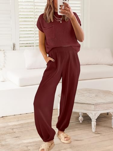 Image of ANRABESS Women's Two Piece Outfits Sweater Sets Knit Pullover Tops and High Waisted Pants Tracksuit Lounge Sets