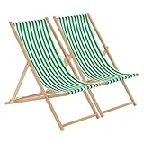 Harbour Housewares Folding Wooden Deck Chairs – Green Stripe – Pack of 2 – Adults Traditional Foldable Reclining Outdoor Canvas Sun Lounger Chair Seat for Garden Patio, Beach, Camping