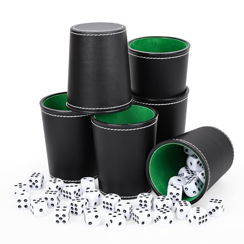 Biamaleu Würfelbecher Leder, 6 Schocken Set﻿ mit 36 Würfeln(16 mm), Würfelbecher mit Würfeln, Würfelbecher Set für Erwachsene Bar-Party Würfelspiele (Schwarz)
