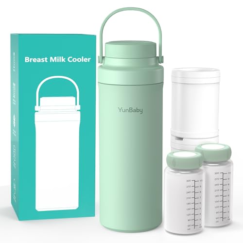 YunBaby Portable 22oz Breastmilk Chiller for Outdoor, Life Saver with 360° Total, Keeps Milk Fresh Cooling for 24 Hours, Breastfeeding Essentials with 2pcs Bottle for Breastmilk Storage, Green