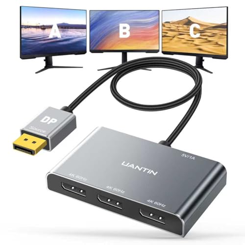 UANTIN DisplayPort Splitter for 3 Monitors Extended Display | 4K 60Hz Display Port 1 in 3 Out DP to Three DP MST Hub Adapter for PC NVIDIA AMD