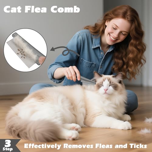 Image of 3PCS Cat Grooming Supplies, Cat Brush & Nail Clipper /Trimmer & Flea Comb for Shedding Indoor Cats Essentials Stuff Accessories (Grey)