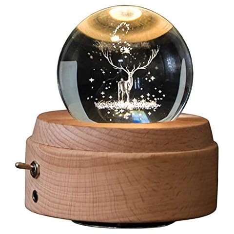 Gaetooely 3D Crystal Ball Music Box The Deer Luminous Rotating Musical Box With Projection Led Light Cover