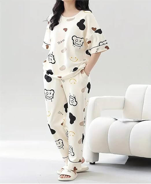 Image of Women's Pajama Set with Top & Pants|| Korean Night Wear|| Loose Fit Home Wear || Lightweight Printed Set || Soft & Comfy Girls & Women