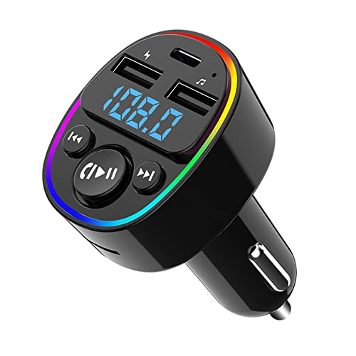 Car Radio Bluetooth Adapter, Car Cigarette Lighter Adapter with Dual Car Charger Support TF Card & USB Disk, Hands Free Calling, 7 Colors Led Backlit Light