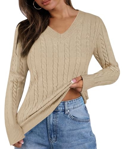 IEEILULU Cable Knit Sweater Women Soft V Neck Tops Long Sleeve Pullover Clothes Casual Trendy Outfits (US, Alpha, X-Large, Regular, Regular, Apricot) — view 3