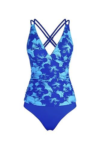 Image of ZAFUL Womens Tankini Swimsuits V Neck Push Up Swim Top Color Block Tummy Control High Waisted Bathing Suits Swim Bottom