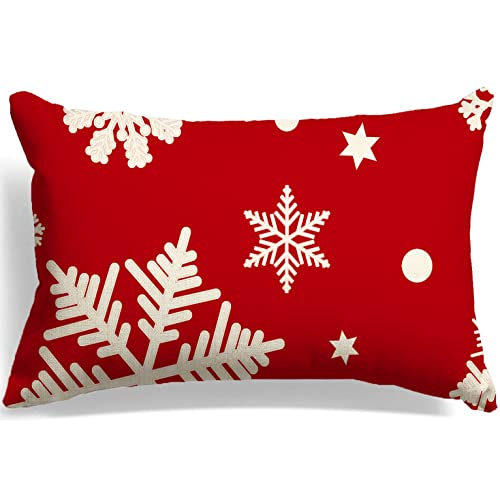 GTEXT Christmas Throw Pillow Cover Snowflakes Red Pillow Cover Christmas Cushion Cover Linen 20 x 12 Inch