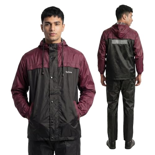 Image of Lifelong Men's Raincoat Set | Waterproof Polyester Double-Coated Reversible Rain Suit | Hooded Jacket with Inner Mobile Pocket & Pants | Standard Length for Hiking, Camping XXL