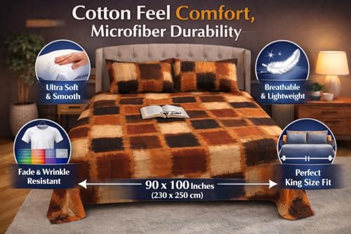 Image of Cotton Feel King Size Flat Bedsheet for Double Bed (90 x 100 Inches | 230 x 250 cm) with 2 Pillow Covers | Soft & Smooth Printed Bedsheet for Daily Use (Cuba Dawn, King Bed-90x100)