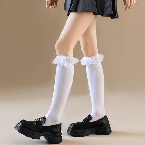 Image of AMHRLINGTO Women's Lace Ruffle Frilly Ankle Socks - Girl Cotton Knee High Socks with Bow Lace Ruffle Trim