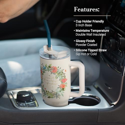 Image of Christian Art Gifts Stainless Steel Double-Wall Insulated XL Travel Mug Tumbler for Women: Sweet Friendship Inspirational Scripture, Reusable Straw, Twist-Dial Lid, White Multicolor Floral, 40 oz.
