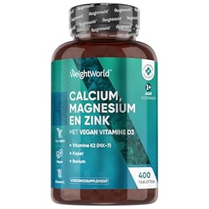 Calcium, Magnesium en Zink tabletten – 400 vegan tabletten voor meer dan 1 jaar – Bevat 9 belangrijke vitamines en mineralen – Vitamine D3, K2, Selenium en Koper – 100% natuurlijk – Van WeightWorld
