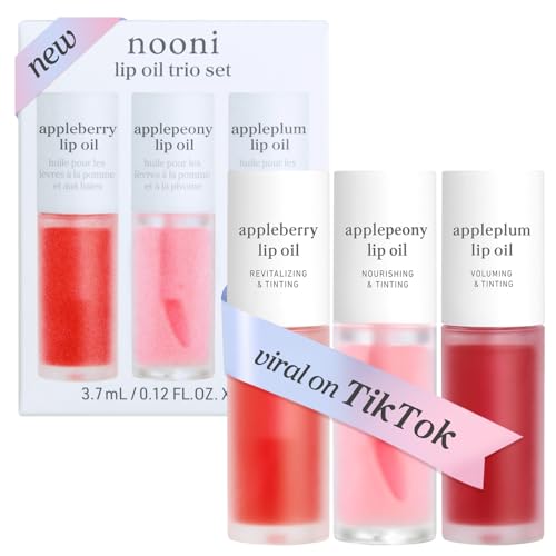 NOONI Korean Lip Oil Set - Appleberry, Applepeony & Appleplum - Long-Lasting, Moisturizing, Revitalizing - Waterproof, No Peel Off, Stocking Stuffers (3EA, 0.12 fl oz)