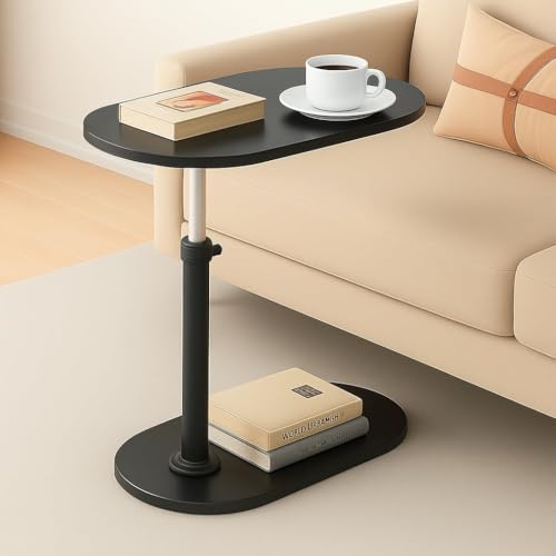 Image of Adjustable C-Shaped Couch Side Table | 360 Swivel TV Tray Stand | Slide-Under Sofa End Table in Black (Engineered Wood)