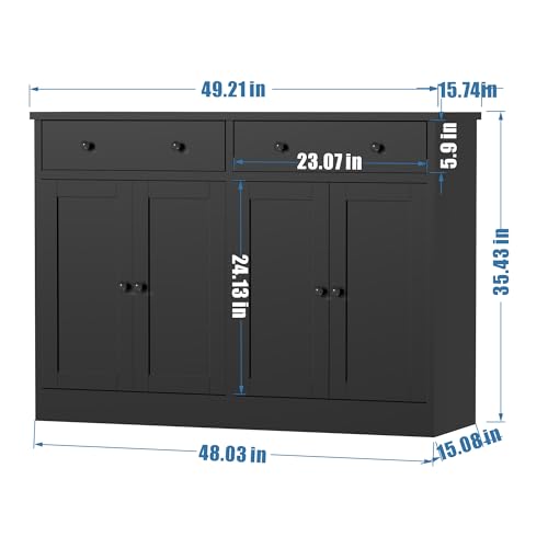holzart 49" Black Buffet Cabinet with Doors & Drawers, Modern Kitchen Storage Sideboard, Coffee Bar Console for Dining Room, Living Room, Entryway