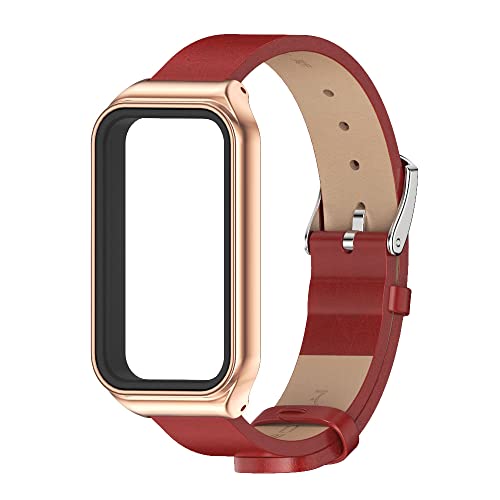 XINGMALY Leather Bands Compatible with Amazfit Band 7 Metal Replacement Strap Wristband Watch (Red)