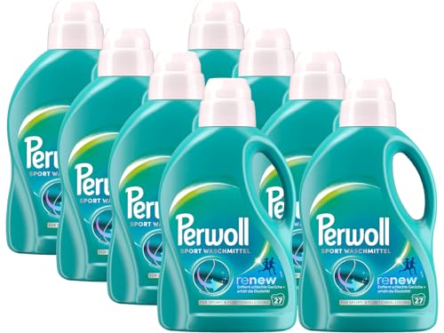 PERWOLL Detergente deportivo 216 (8 x 27 WL), detergente higiénico, limpia suavemente, elimina los malos olores y mantiene la elasticidad, para ropa deportiva y funcional, con tecnología Triple Renov