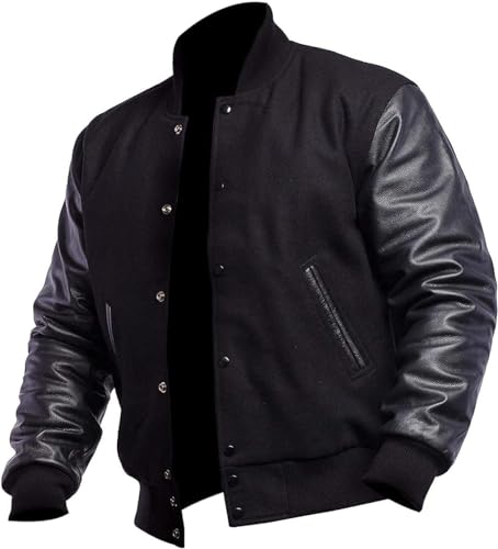 Men's Varsity Jacket Genuine Leather Sleeve Wool Blend Letterman Jacket - High School Baseball Bomber Jackets