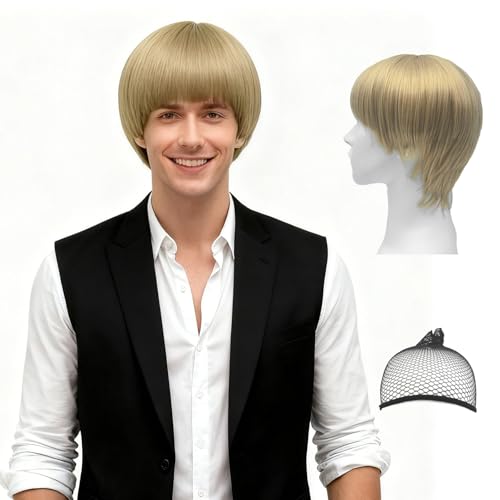 GYIOFAI Parrucca Bionda Corta per Uomo, Retrò Parrucche Caschetto Corti Parrucca Halloween Carnaval Fête de Cheveux Synthétique con Frangia pour Adulto Cosplay Costume (Bionda)