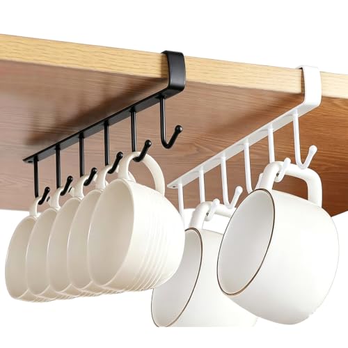 ZIOYANE 2Pcs Cups Storage Hooks, Mug Hooks Under Shelf No Drill 6-Hook Metal Cup Rack & Cup Holder for Kitchen Cabinet Organization and Wardrobe Storage (Black White)