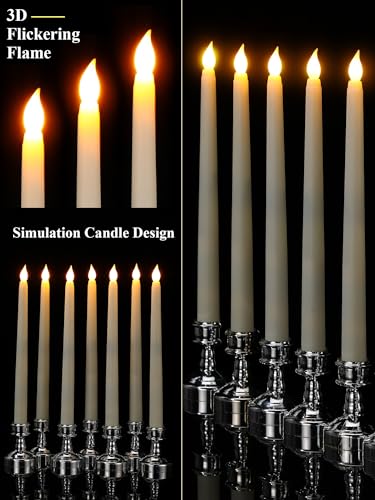 Image of VIHOSE 24 Pcs Flameless Taper Candles with Holders Remote Timer Battery Operated Candles Bulk LED Candlesticks Flickering for Valentines Wedding Home Window Carnival Party Decor(Silver,Classic Style)