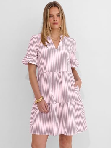 Image of Caracilia Dresses for Women Summer 2026 Striped V Neck Ruffle Sleeve A Line Tiered Flowy Casual Mini Beach Dress with Pockets