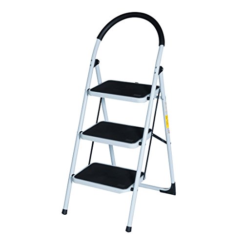 Good Life EN131 Folding 3 or 4 Step Ladder Home Depot Steel Step Ladders Lightweight 300 lb Capacity with Hand Grip Anti-Slip and Wide Pedal (3 Step)