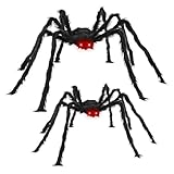 2 PCs Giant Halloween Outdoor Decorations Hairy Black Spider, Scary Giant Spider, with Scary- Glowing Eyes，Fake Large Haunted House Props, Halloween Yard Lawn Decorations Party Indoor（5Ft+3Ft）